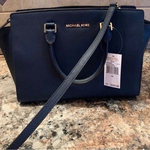 New! Authentic MICHAEL Michael Kors Selma Large Genuine Leather Sachel, Navy